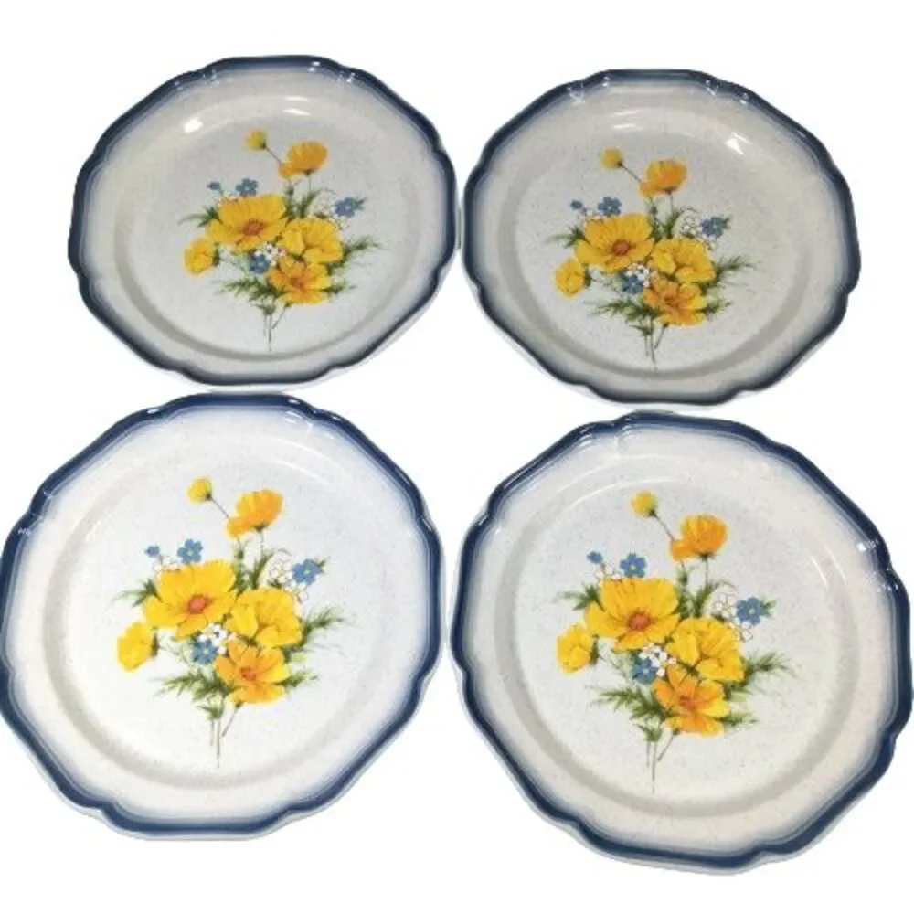 SET OF 4 Mikasa Country Club Amy Dinner Plates CA 503 Blue Yellow Floral 10 3/4